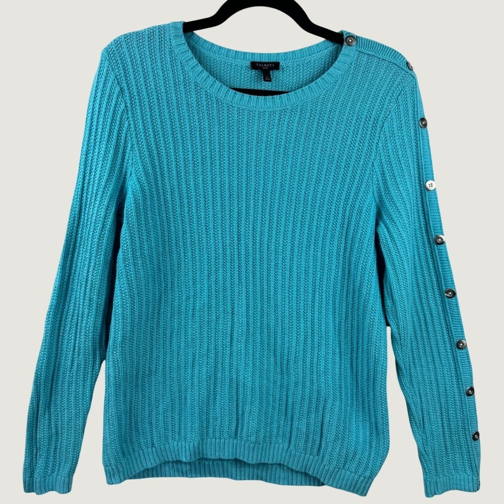 Talbots Ribbed Knit Sweater Womens Large Petite Turquoise Button Sleeve Coastal